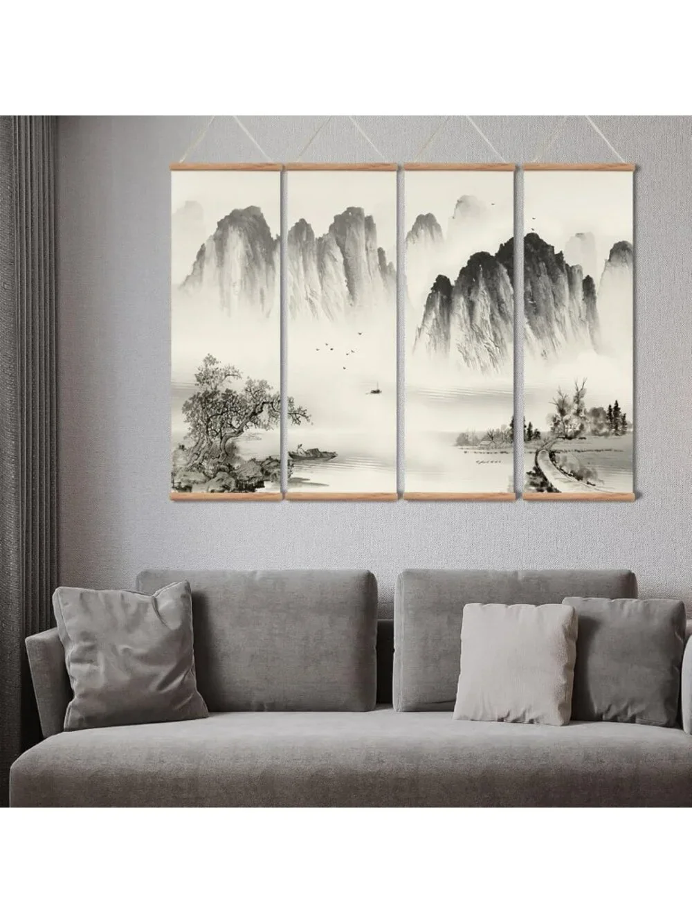 Chinese Ancient Landscape Scroll Wall Art Set - 4-Piece Wooden Decor for Home